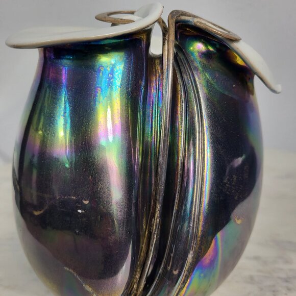 STUNNING VINTAGE IRIDESCENT STERLING SILVER FOLD OVER POTTERY CERAMIC VASE DISH - Picture 12 of 16
